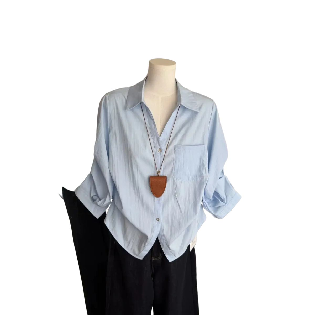 Women light blue striped cotton button-up shirt with rolled sleeves and chest pocket for spring summer casual wear