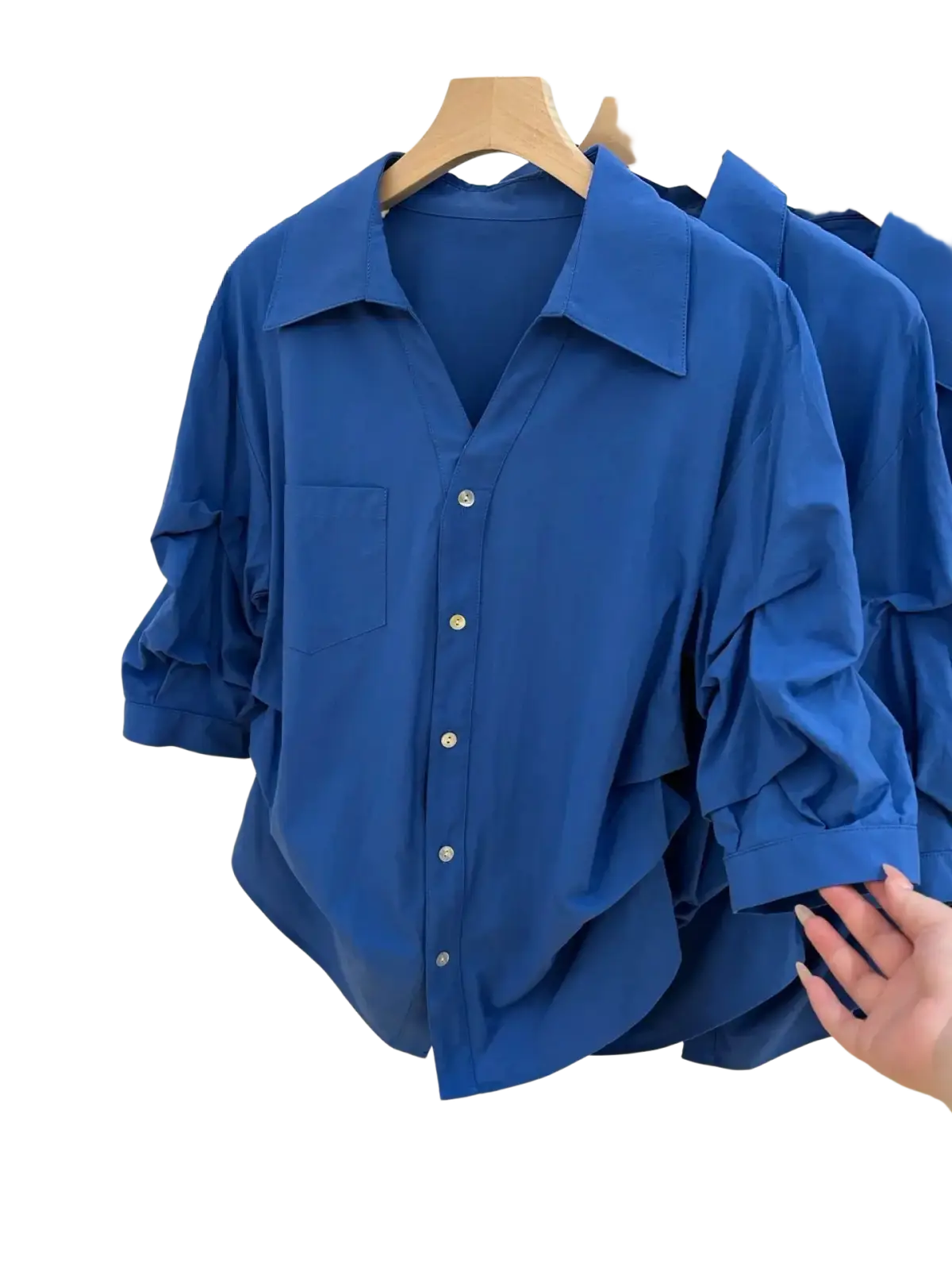 Women light blue spring summer button down shirt with ruffled three quarter sleeves and chest pocket