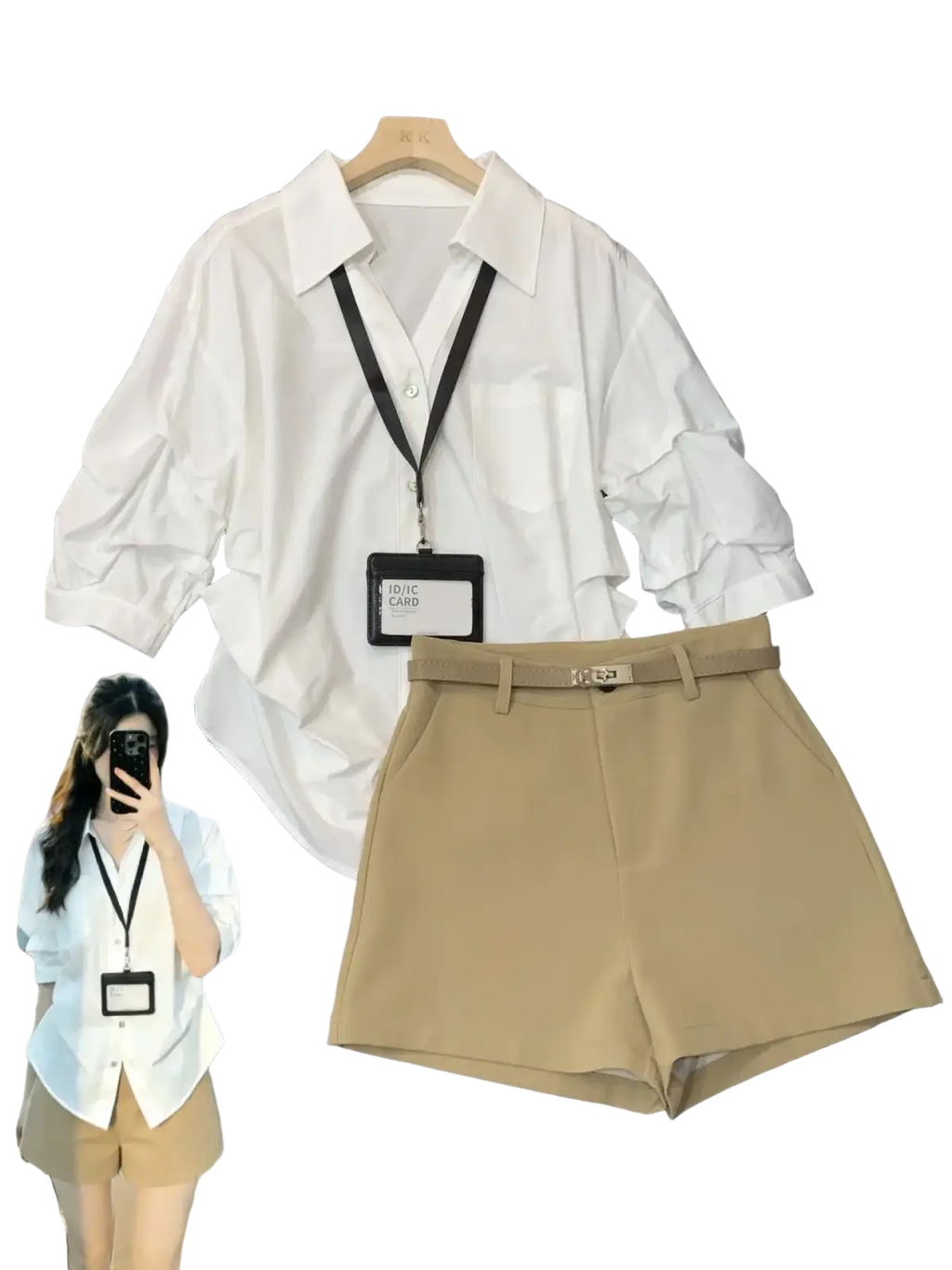 White blouse with ruffled three-quarter sleeves and classic collar on wooden hanger for spring summer casual wear