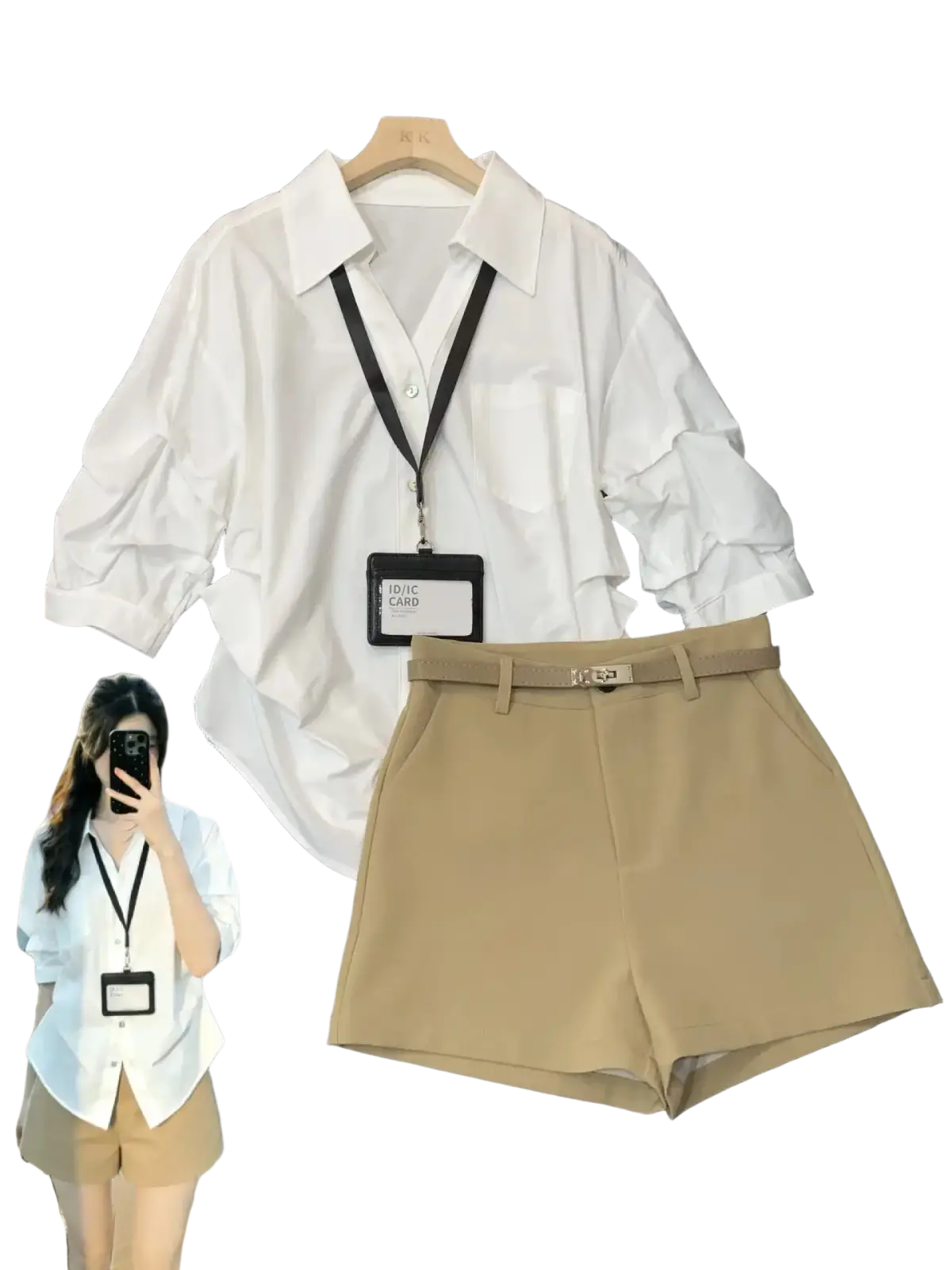 White blouse with ruffled three-quarter sleeves and classic collar on wooden hanger for spring summer casual wear