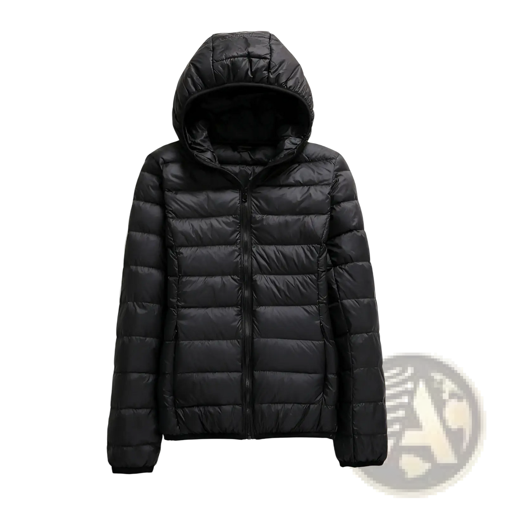 Black quilted lightweight down hooded puffer jacket for women with a sleek modern design and insulated warmth