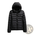 Black quilted lightweight down hooded puffer jacket for women with a sleek modern design and insulated warmth