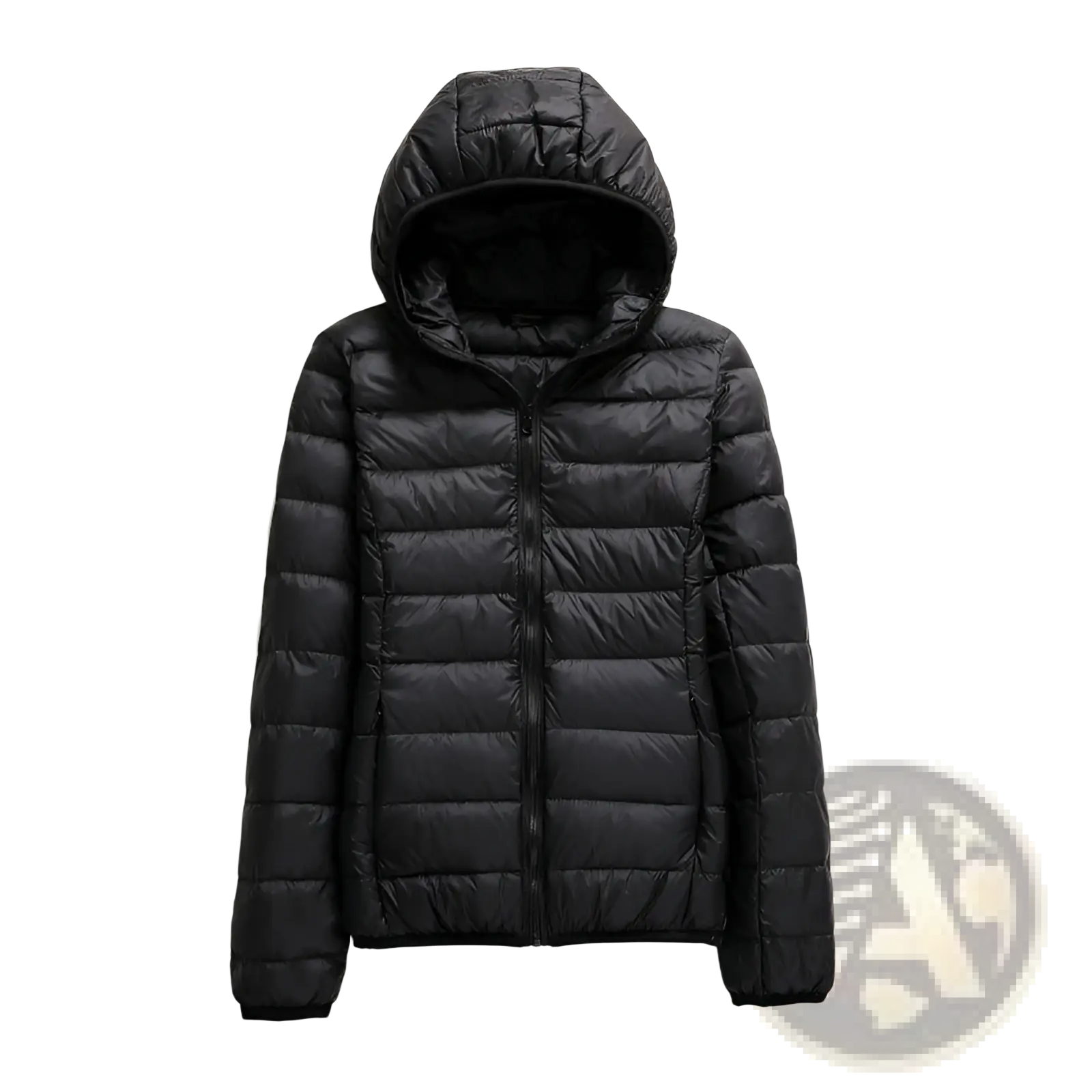 Black quilted lightweight down hooded puffer jacket for women with a sleek modern design and insulated warmth