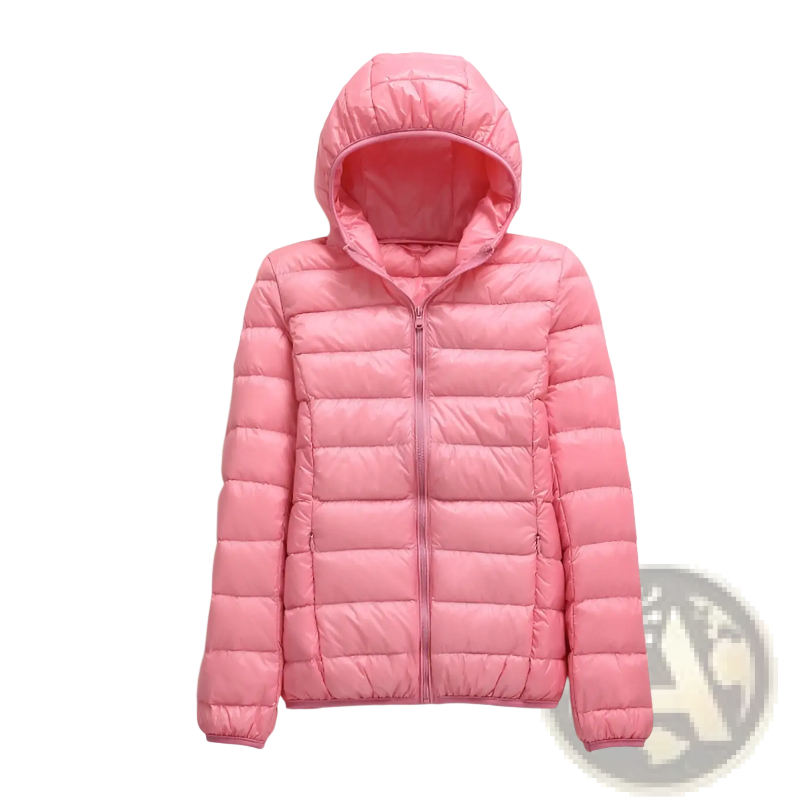 Women lightweight pink quilted down hooded puffer jacket with zipper front and long sleeves for cold weather