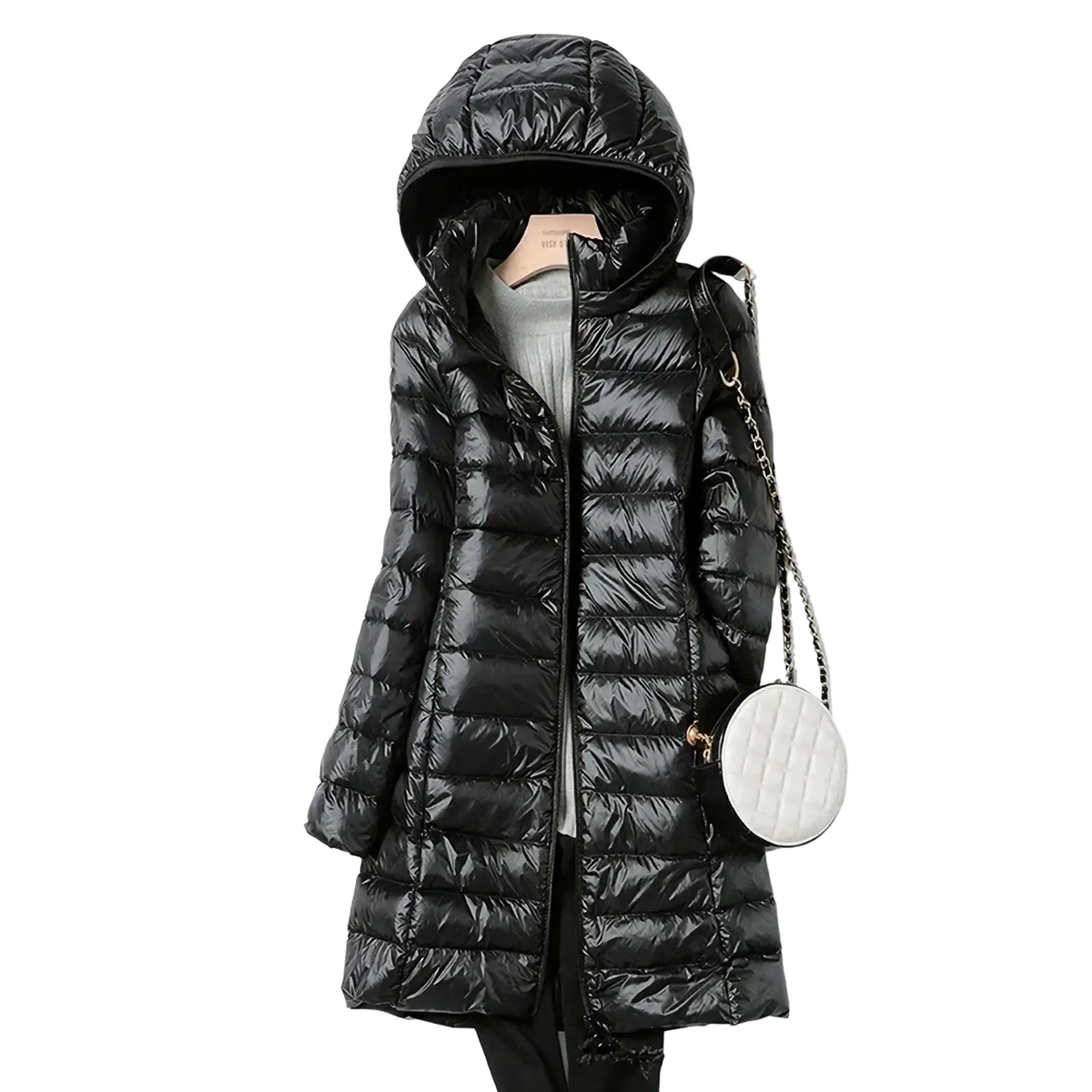 Black quilted lightweight down parka for women with a hood and front zipper designed for winter wear