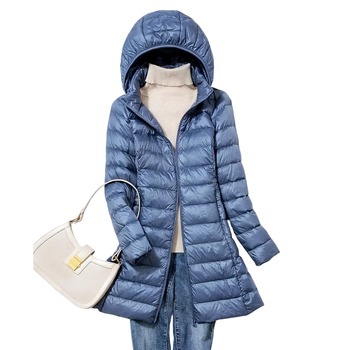 Women lightweight blue quilted hooded down parka winter coat designed for warmth and comfort
