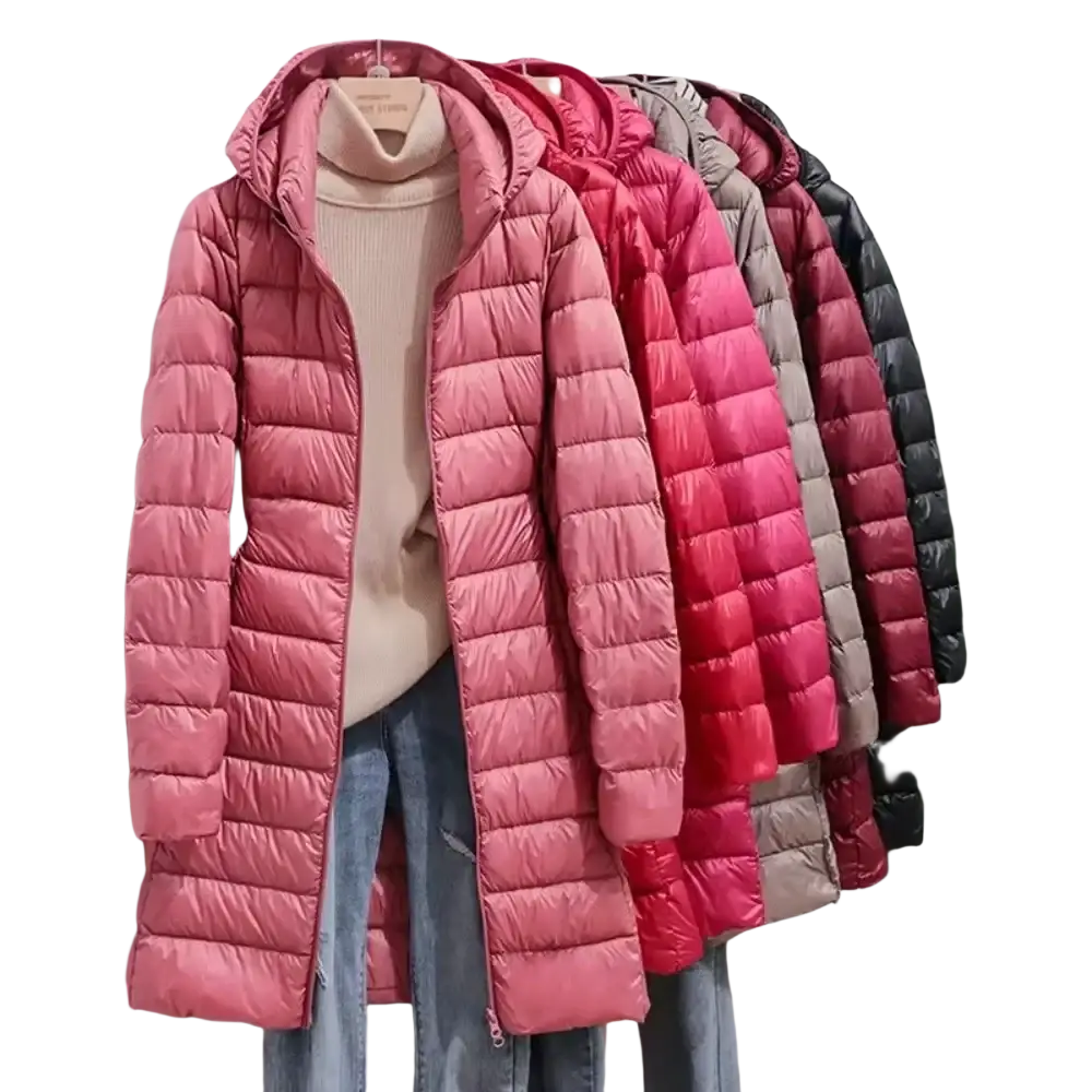 Women lightweight down parka hooded winter coat in pink quilted fabric with ribbed collar and zipper closure