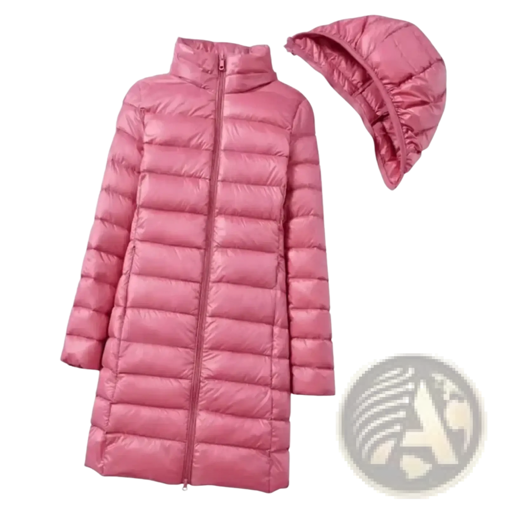 Women lightweight pink quilted down parka with detachable hood designed for winter outdoor use