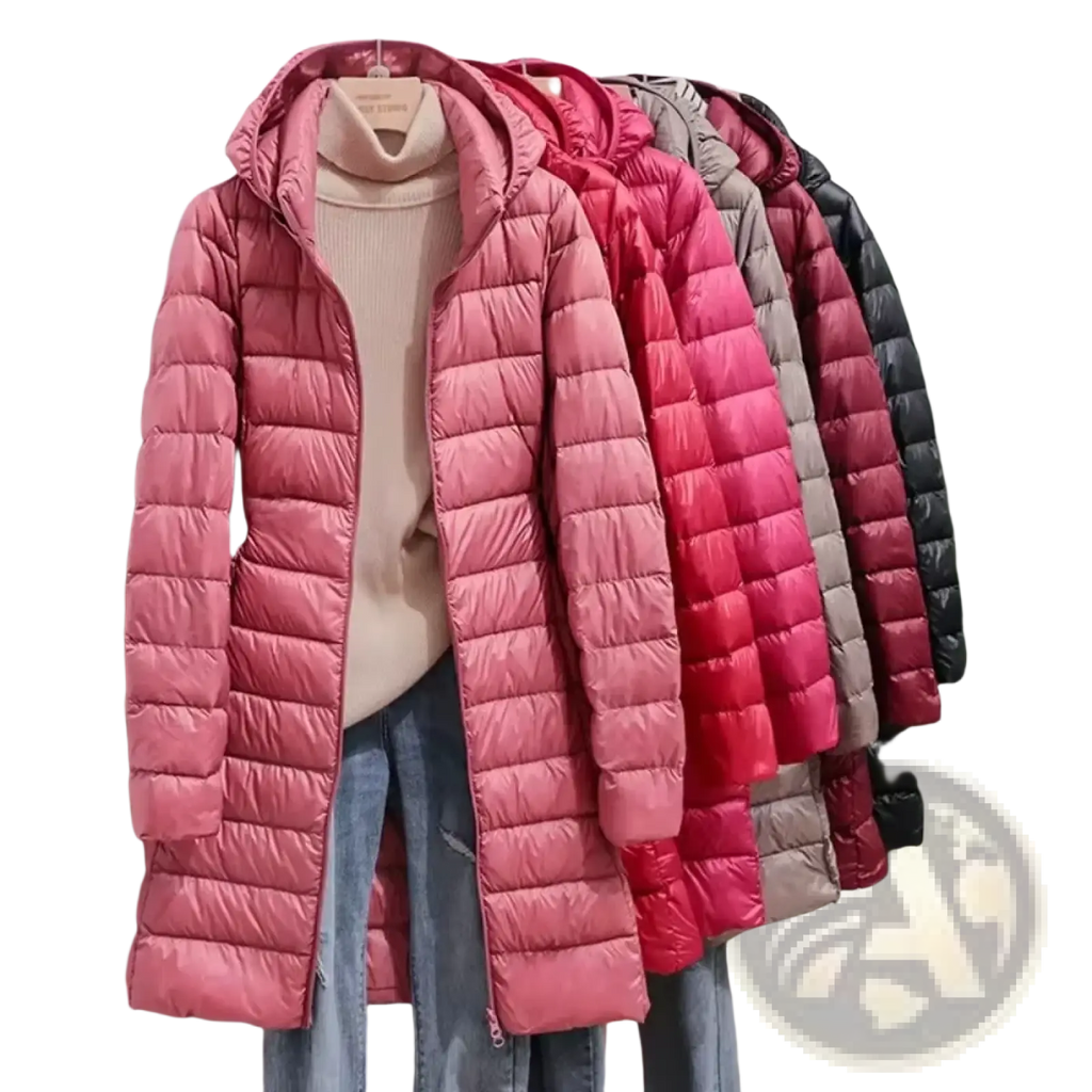 Women lightweight down parka hooded winter coat in pink quilted fabric with ribbed collar and zipper closure