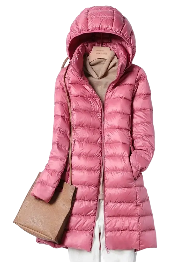 Pink quilted lightweight down parka with hood and front zipper featuring soft matte finish for winter use