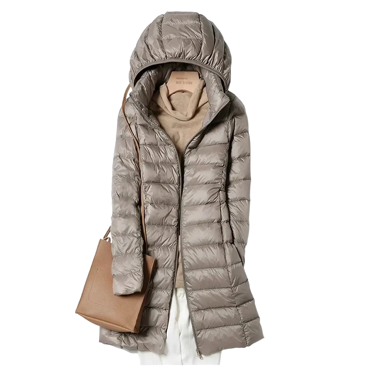 A sleek taupe quilted lightweight down parka with hood and front zipper for women winter coat