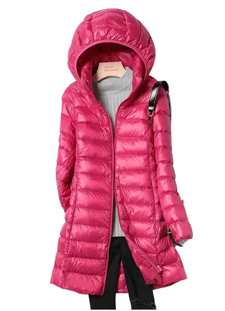 Women lightweight down parka hooded winter coat in vibrant fuchsia quilted material with sleek zipper front and long sleeves