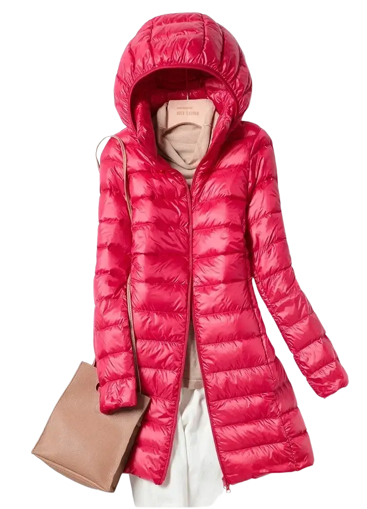 Women lightweight down parka hooded winter coat featuring a vibrant red quilted hooded design and sleek modern style