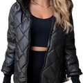 Black quilted lightweight hooded puffer jacket with shiny synthetic fabric and diamond-shaped stitching for women