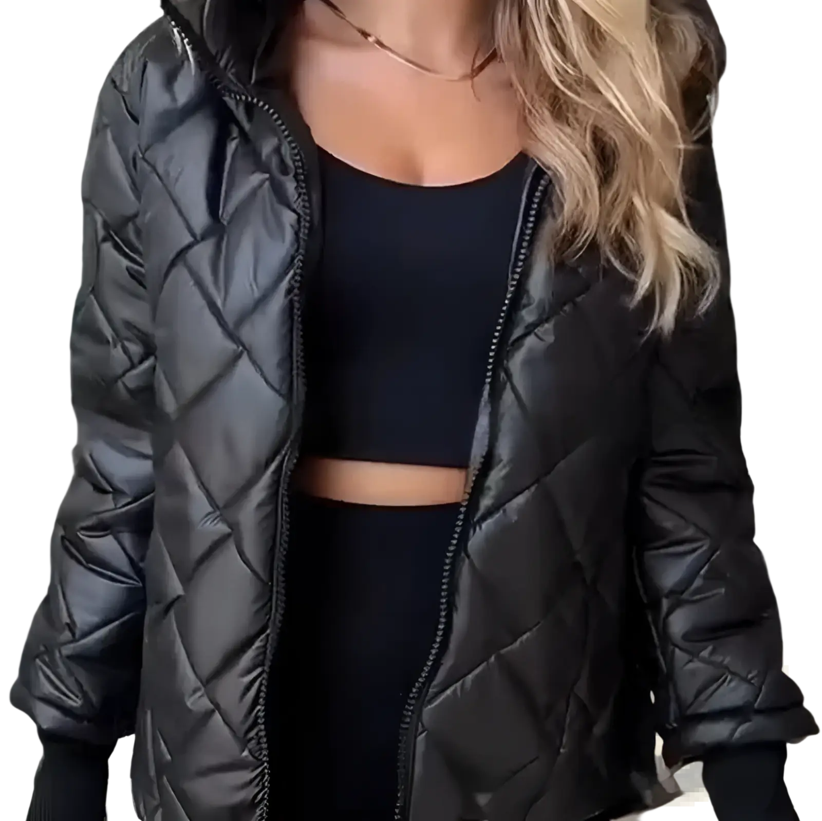 Black quilted lightweight hooded puffer jacket with shiny synthetic fabric and diamond-shaped stitching for women