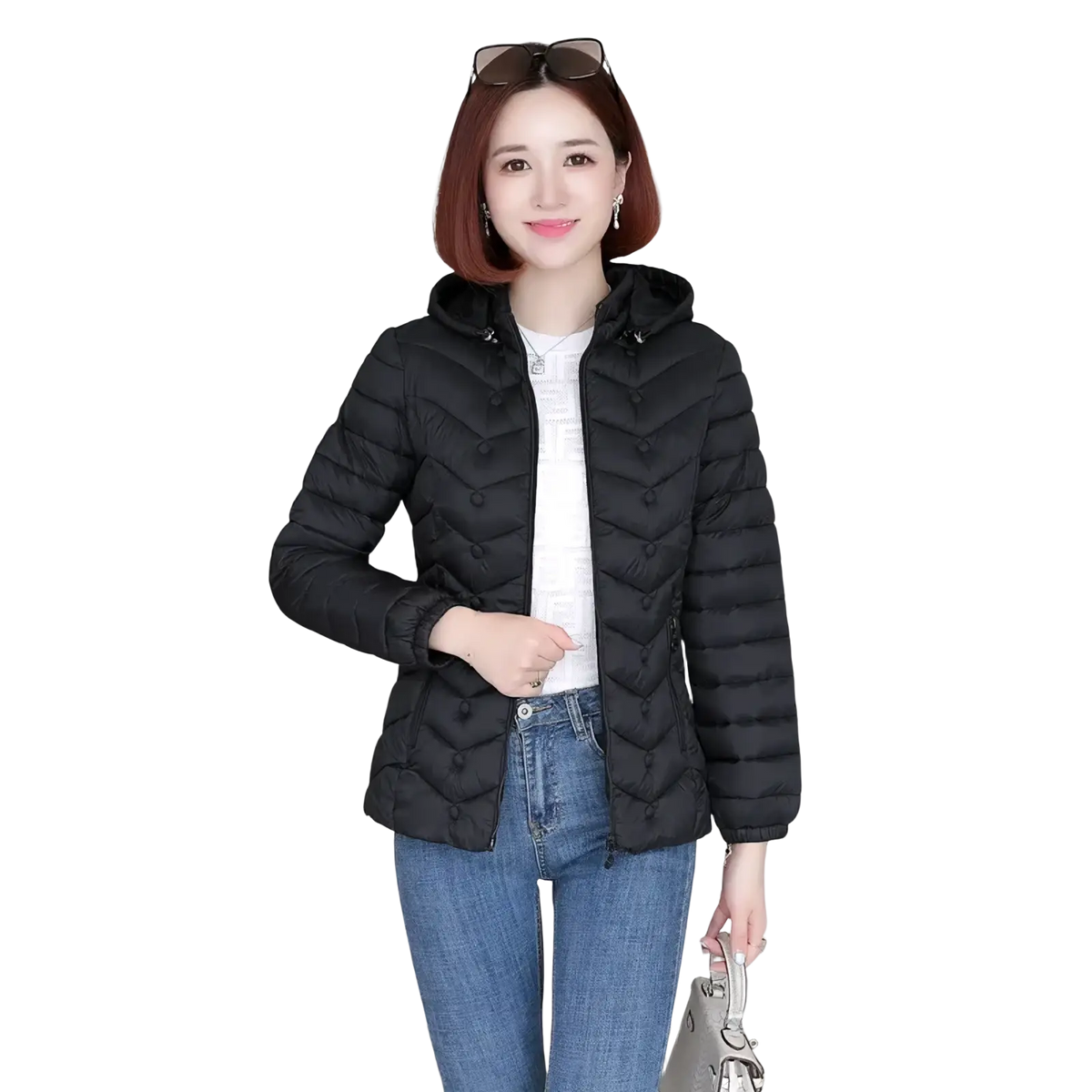 Black lightweight quilted hooded puffer jacket for women with chevron pattern and button accents