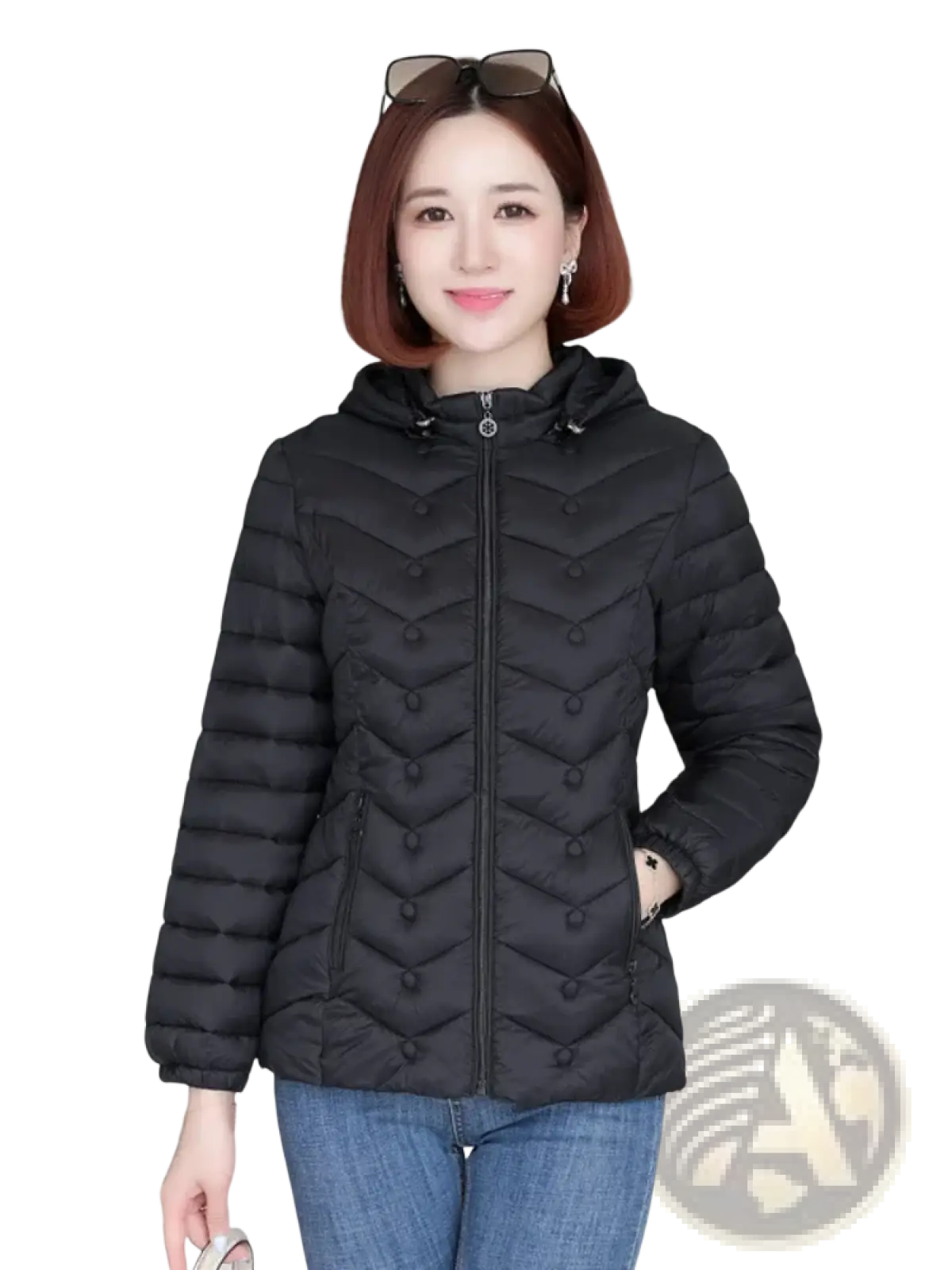 Women lightweight black quilted hooded puffer jacket with chevron pattern and button embellishments along zipper line