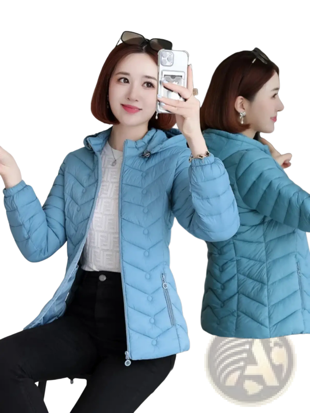 Light blue lightweight quilted puffer jacket for women with hood and front zipper closure