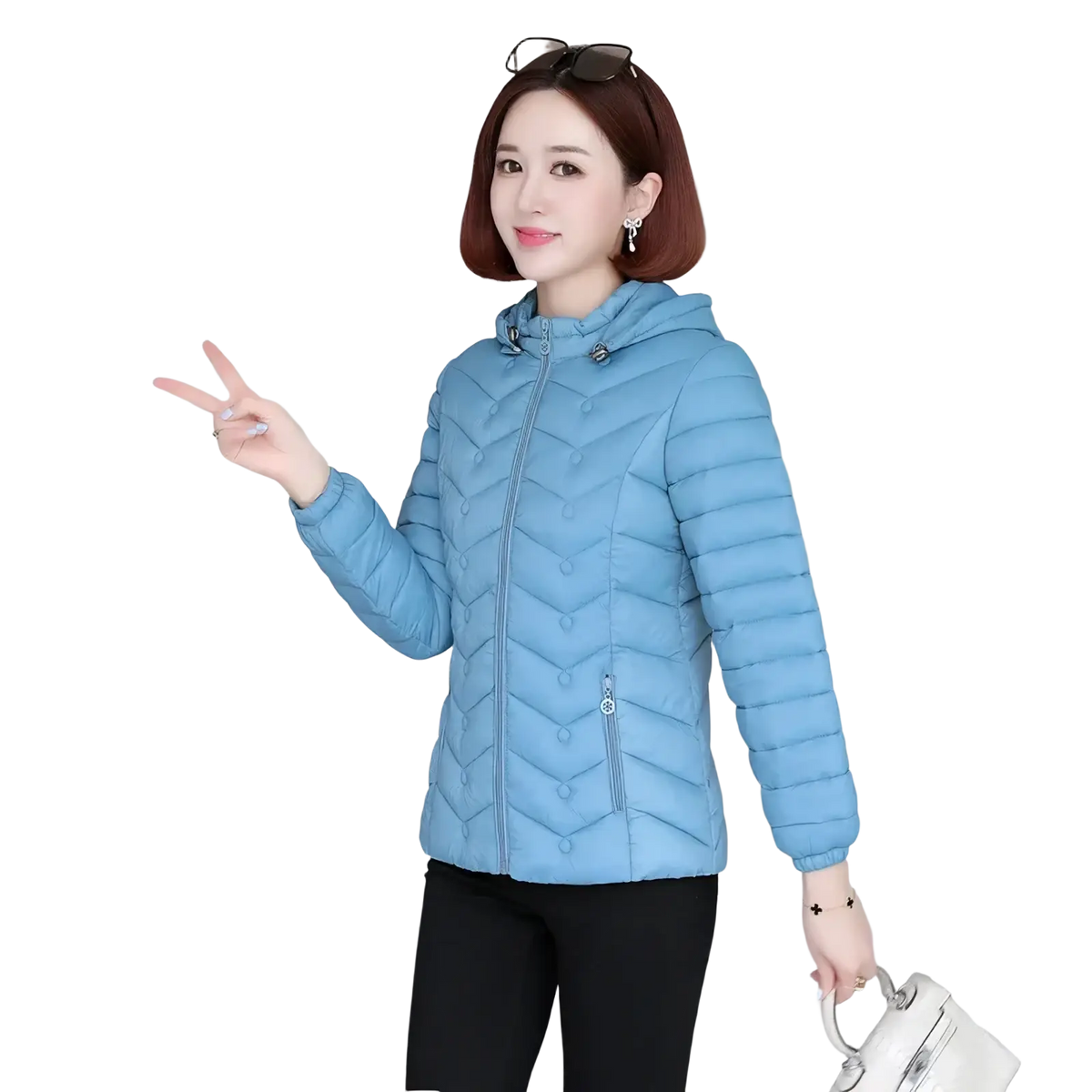 Light blue lightweight quilted puffer jacket for women with hood zipper front and button accents