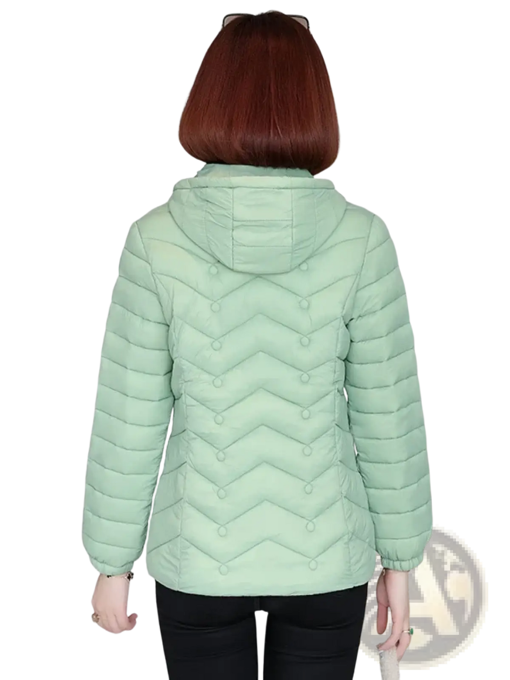 Women lightweight hooded puffer jacket in light green with quilted chevron stitching pattern and insulated material