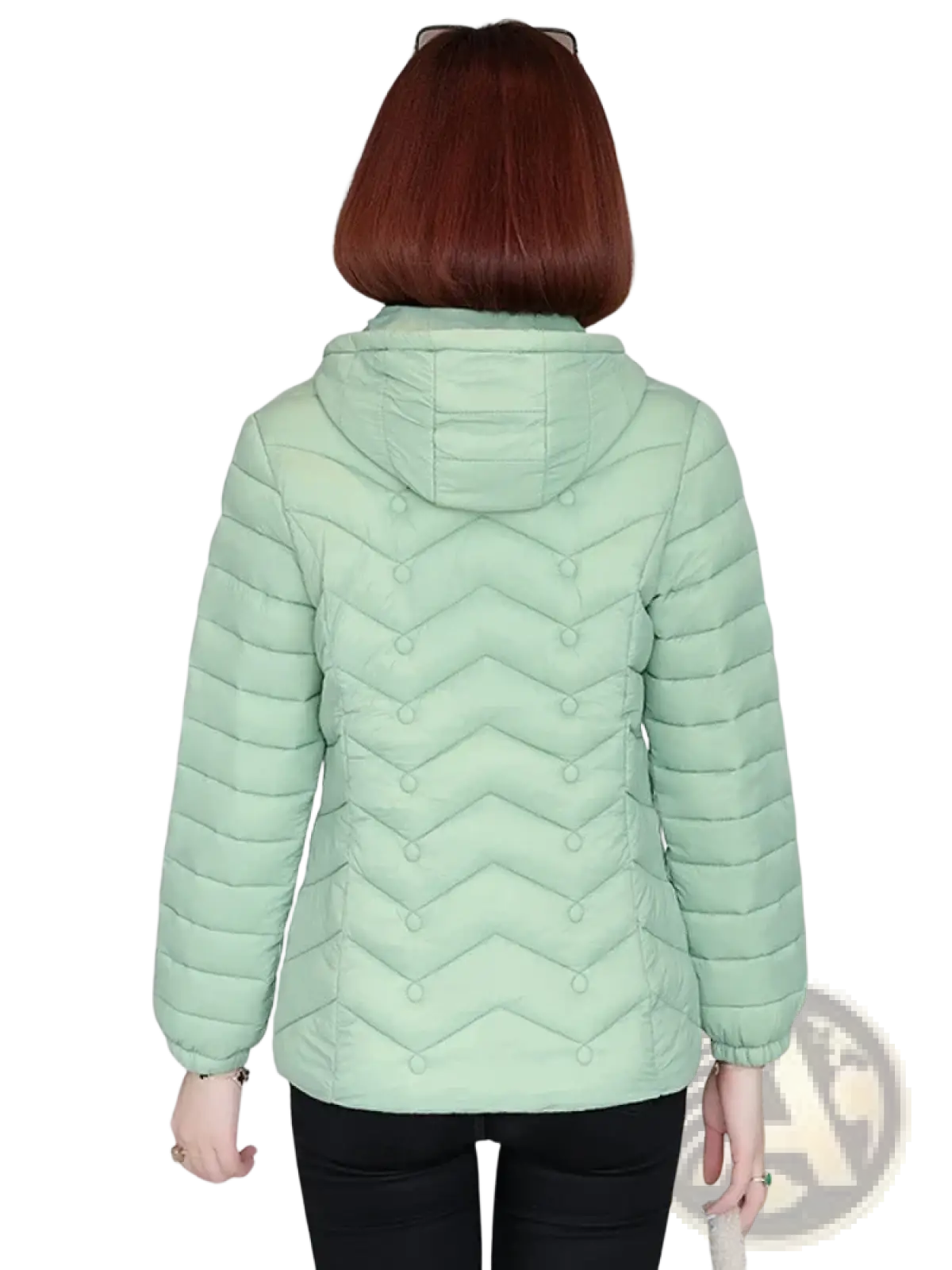 Women lightweight hooded puffer jacket in light green with quilted chevron stitching pattern and insulated material
