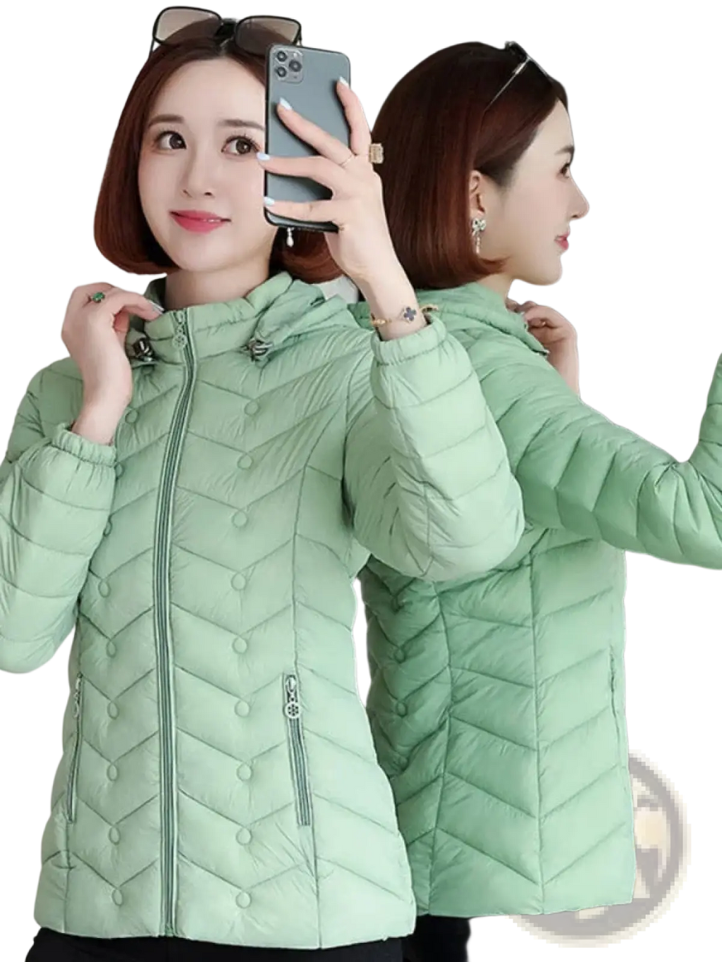 Mint green lightweight hooded puffer jacket with quilted design and button accents for women
