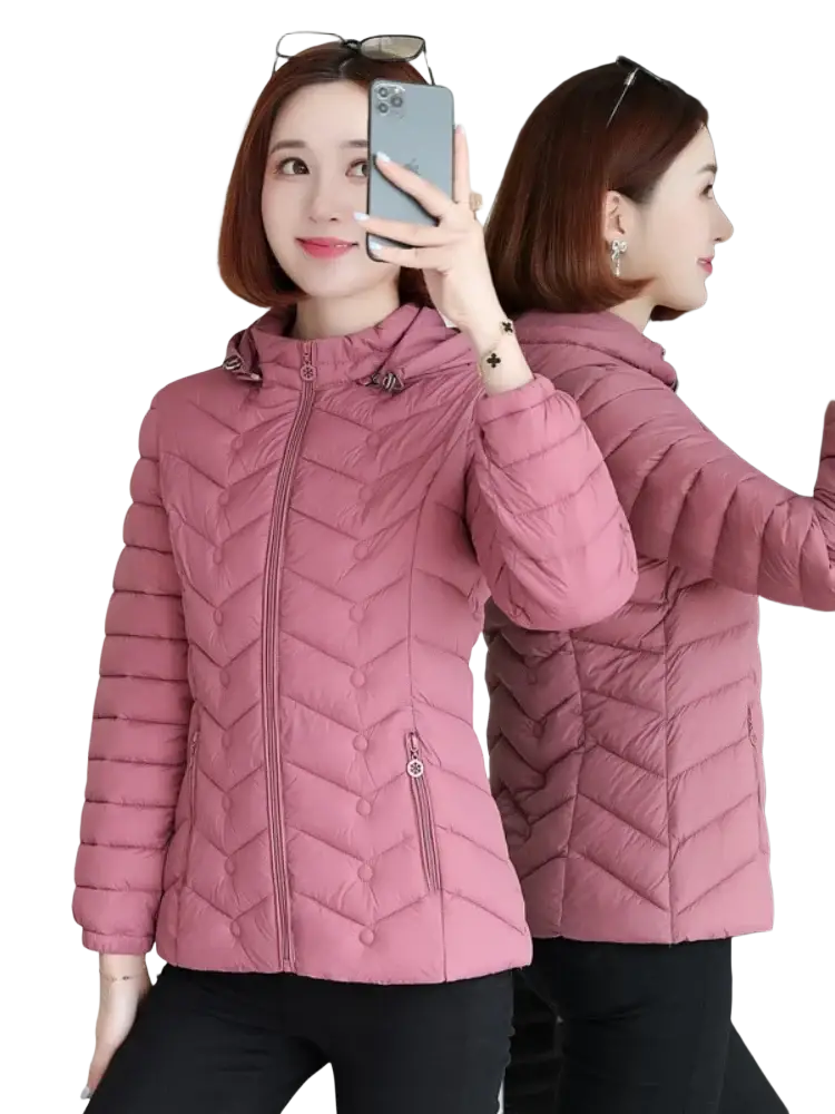 Women lightweight pink quilted puffer jacket with hood and front zipper, ideal for casual outdoor wear