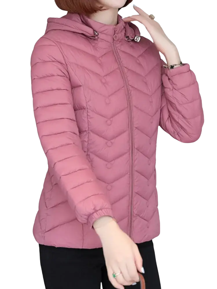 Women lightweight hooded puffer jacket in pink quilted chevron pattern with silver-toned zipper pulls