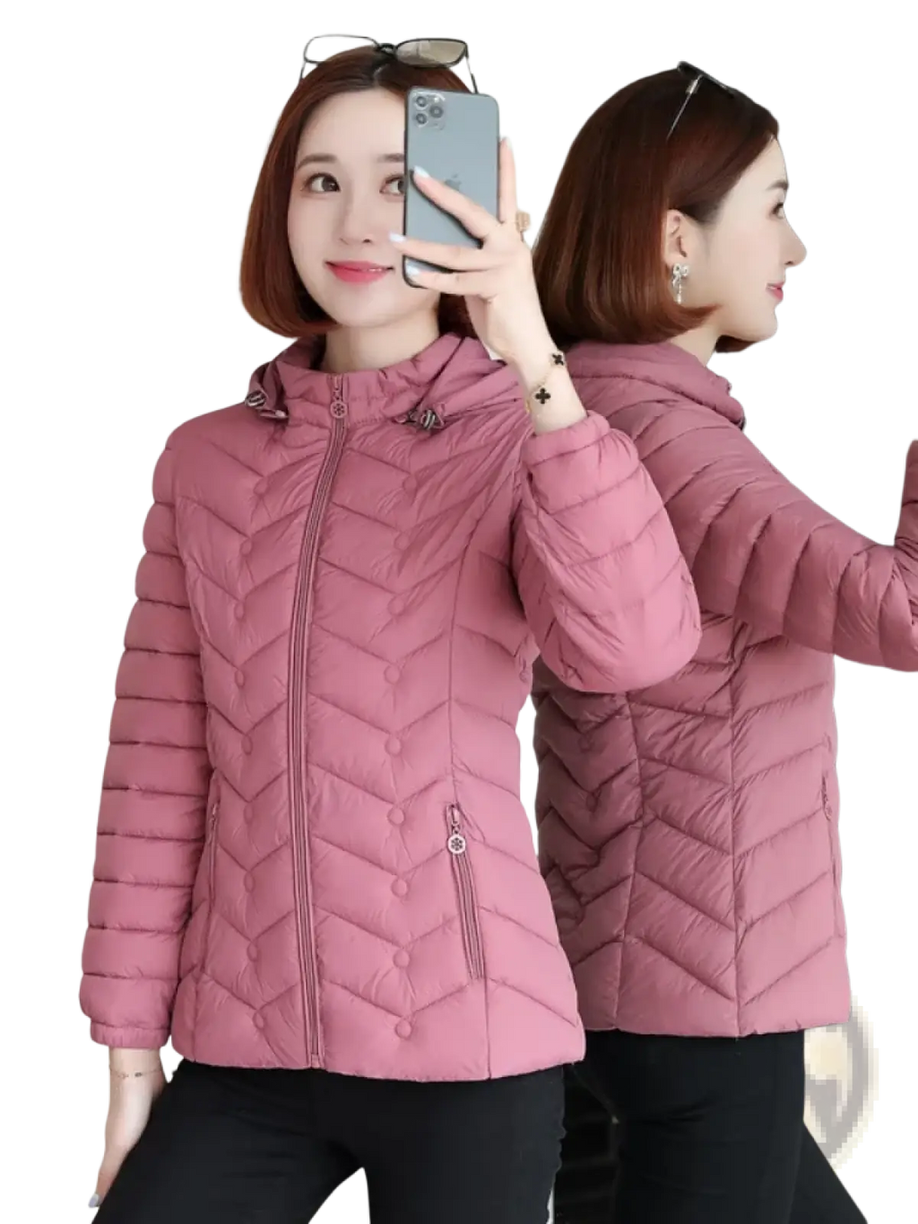 Women lightweight pink quilted puffer jacket with hood and front zipper, ideal for casual outdoor wear