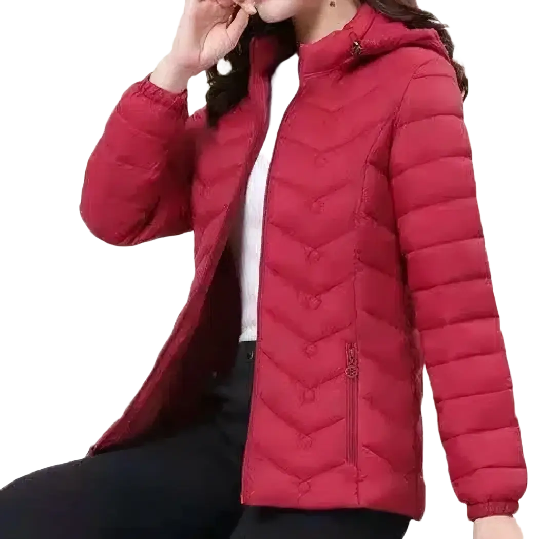 Women lightweight red quilted hooded puffer jacket with high collar and front zipper for cold weather use
