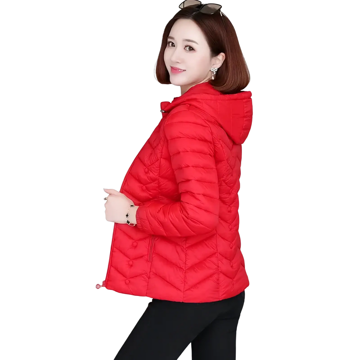 Women lightweight red quilted hooded puffer jacket with diamond pattern and front button closure for casual wear