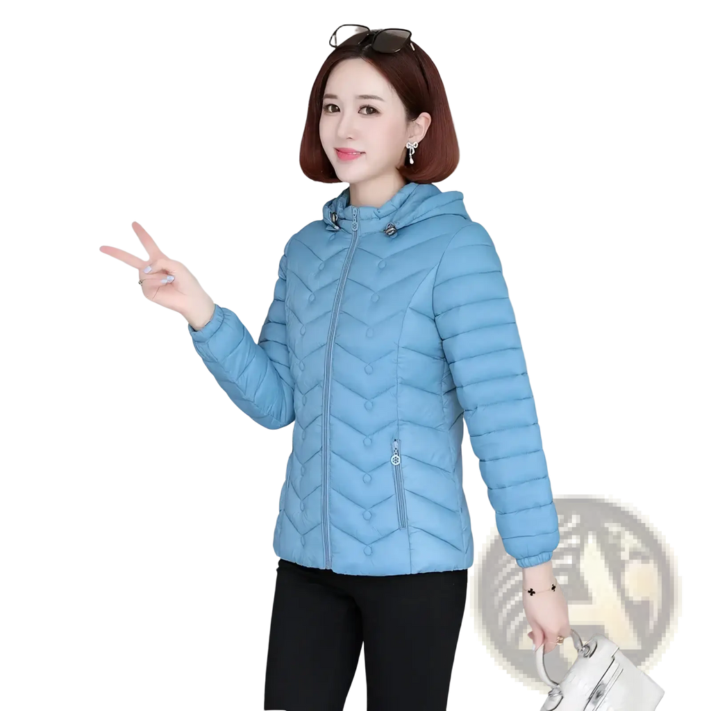 Light blue lightweight quilted puffer jacket for women with hood zipper front and button accents
