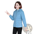 Light blue lightweight quilted puffer jacket for women with hood zipper front and button accents