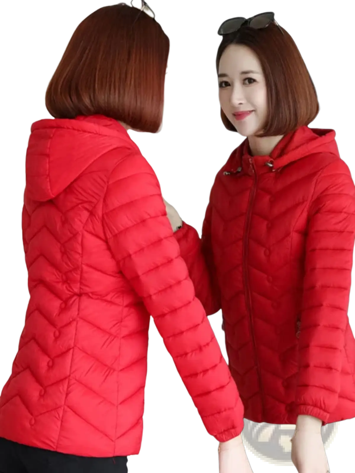 A vibrant red lightweight quilted hooded puffer jacket for women with a chevron pattern and button accents