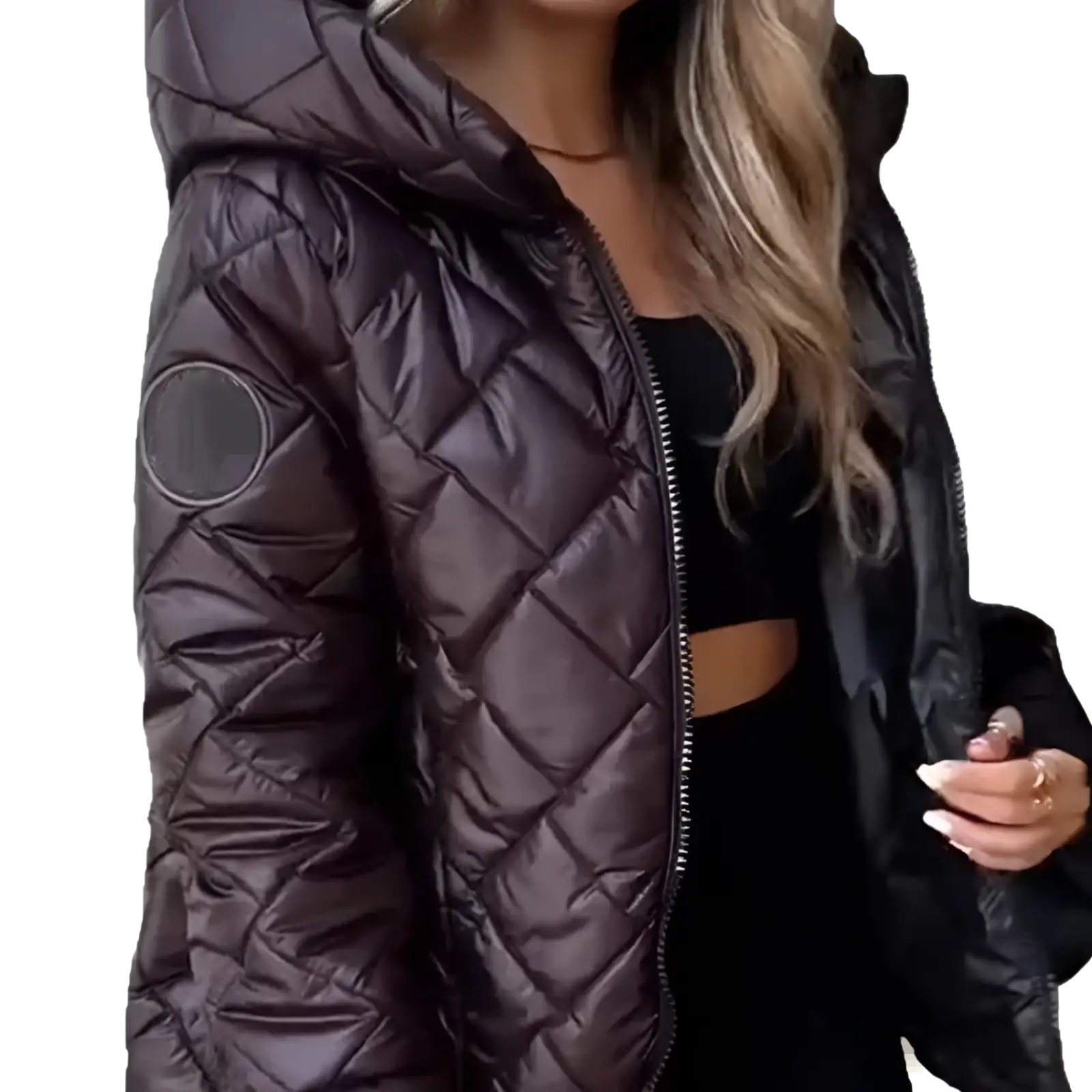 Black lightweight hooded puffer jacket with quilted shiny water-resistant fabric and circular patch on left sleeve
