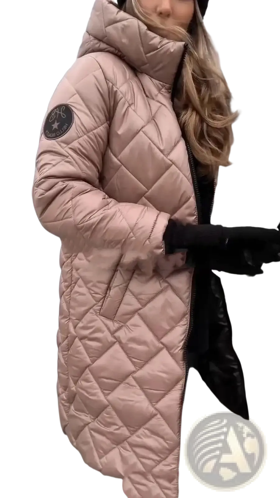 Women lightweight hooded puffer jacket in long quilted pink with high collar and black zipper accents