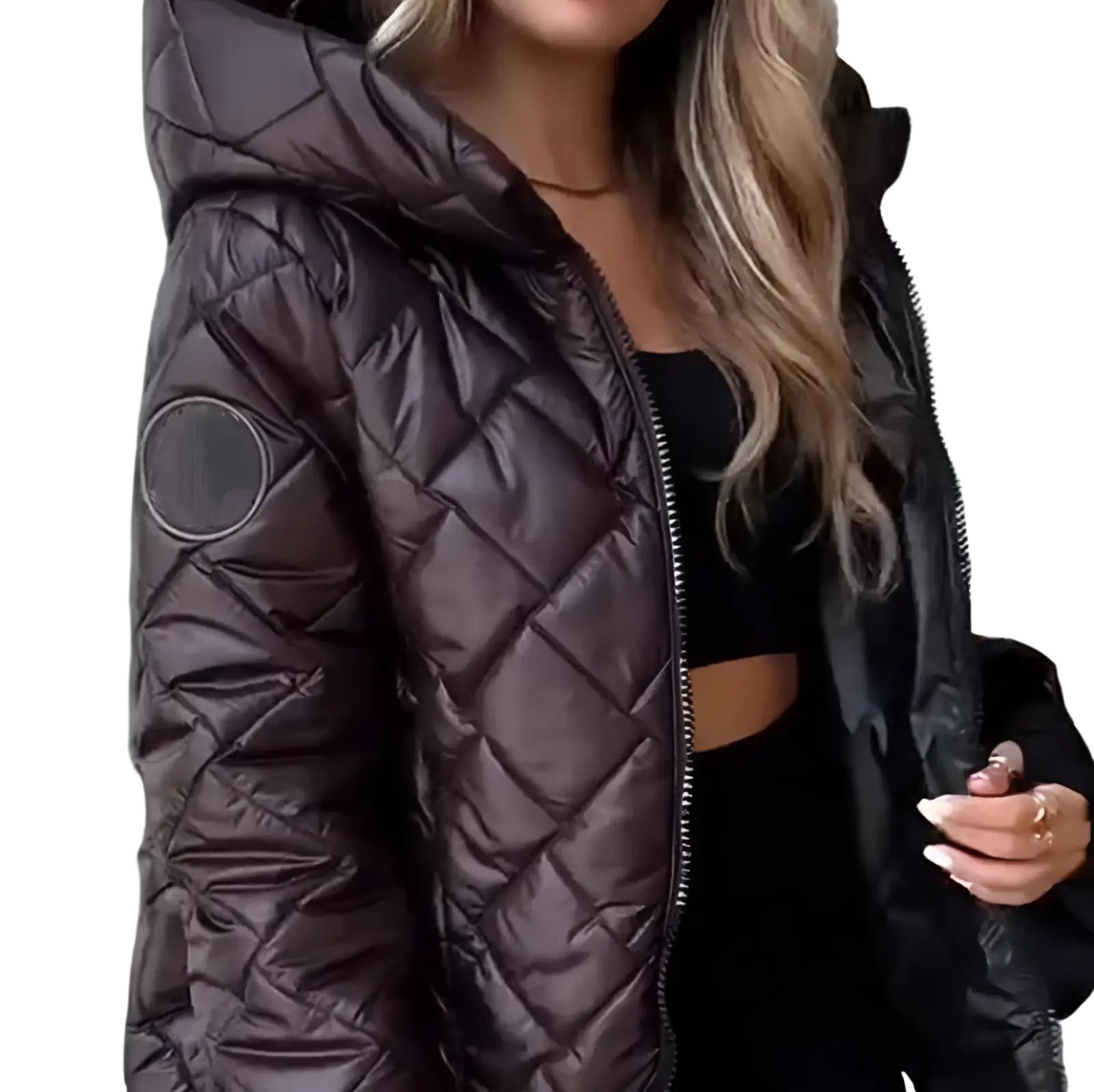 A shiny dark brown quilted lightweight hooded puffer jacket for women with a circular patch on the sleeve