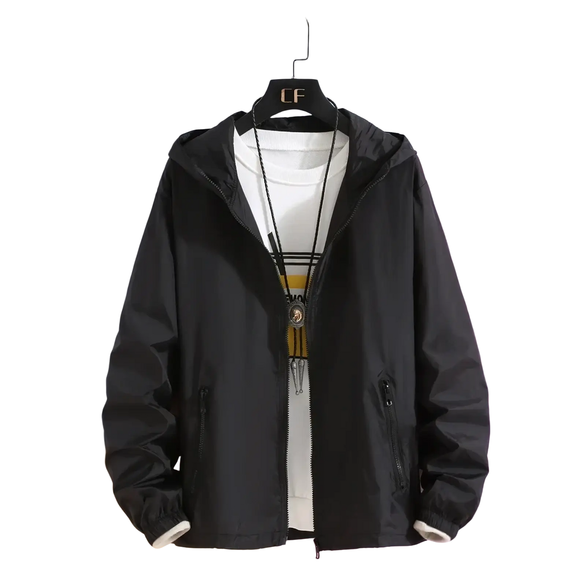 Women lightweight hooded windbreaker jacket in black with sleek lightweight fabric and subtle reflective zipper trim