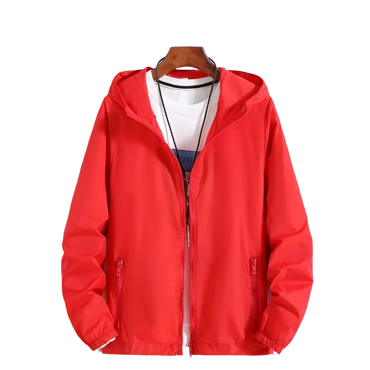 Women lightweight hooded windbreaker jacket in bright red with zippered pockets and elastic cuffs made from lightweight material
