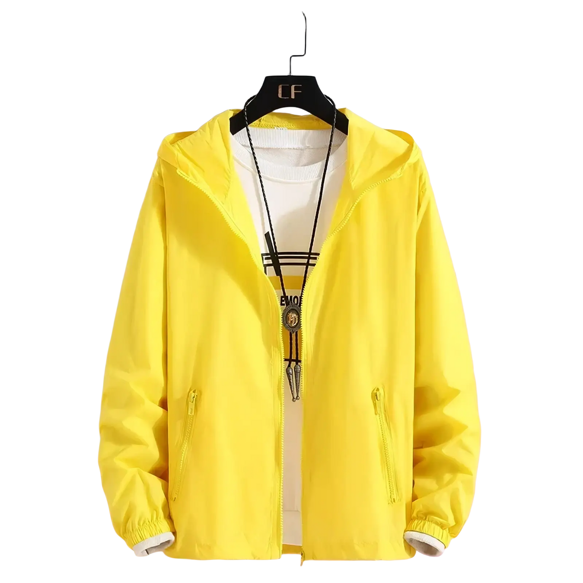 Women lightweight hooded windbreaker jacket in bright yellow with elastic cuffs and front zipper pockets