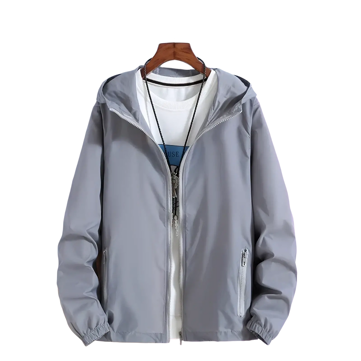 Women lightweight hooded windbreaker jacket in gray with sleek lightweight fabric and subtle zipper details