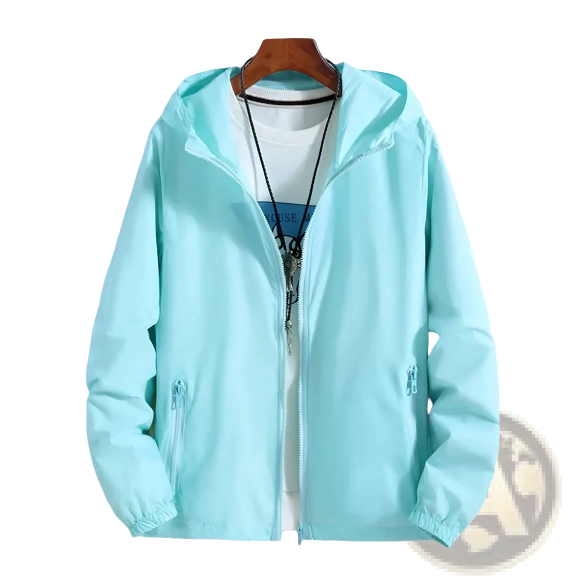 Light blue women lightweight hooded windbreaker jacket with zippered pockets and elastic cuffs for outdoor use