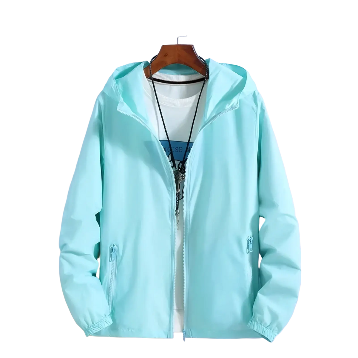 Light blue women lightweight hooded windbreaker jacket with zipper front and elastic cuffs for outdoor use