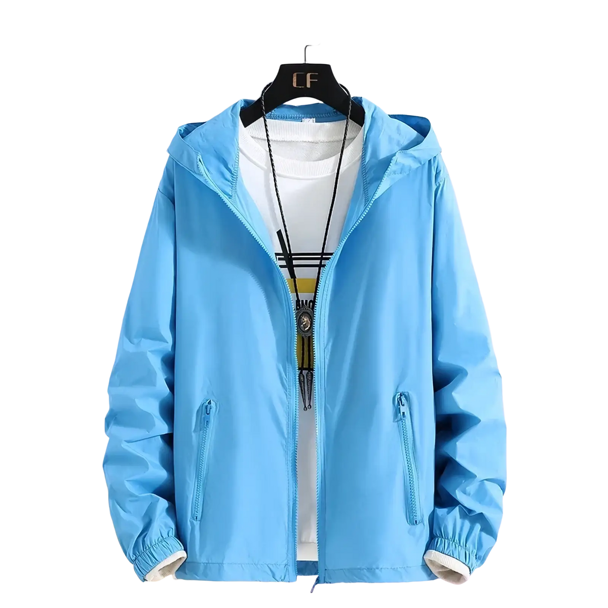 Light blue women lightweight hooded windbreaker jacket with zipper front, two side pockets, and elastic cuffs