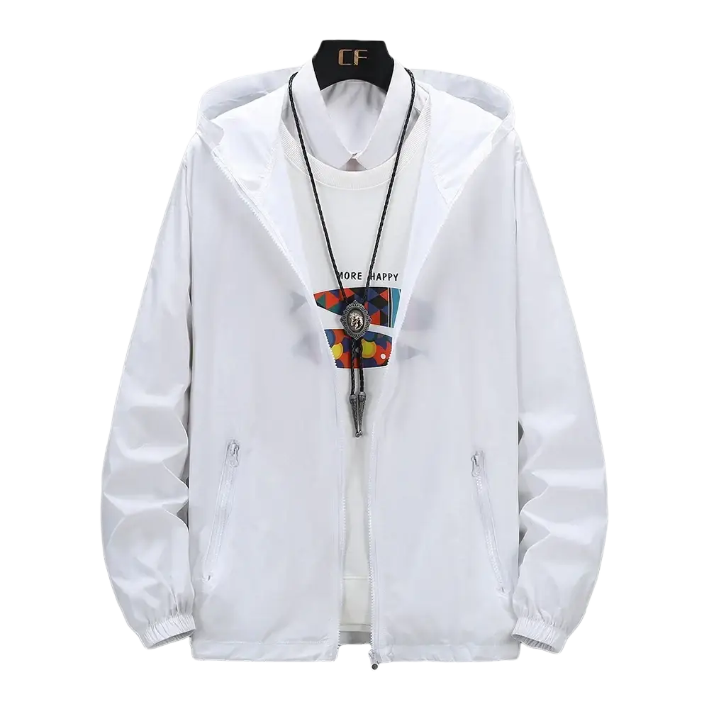 Women lightweight white hooded windbreaker jacket with subtle sheen front zipper closure and side pockets