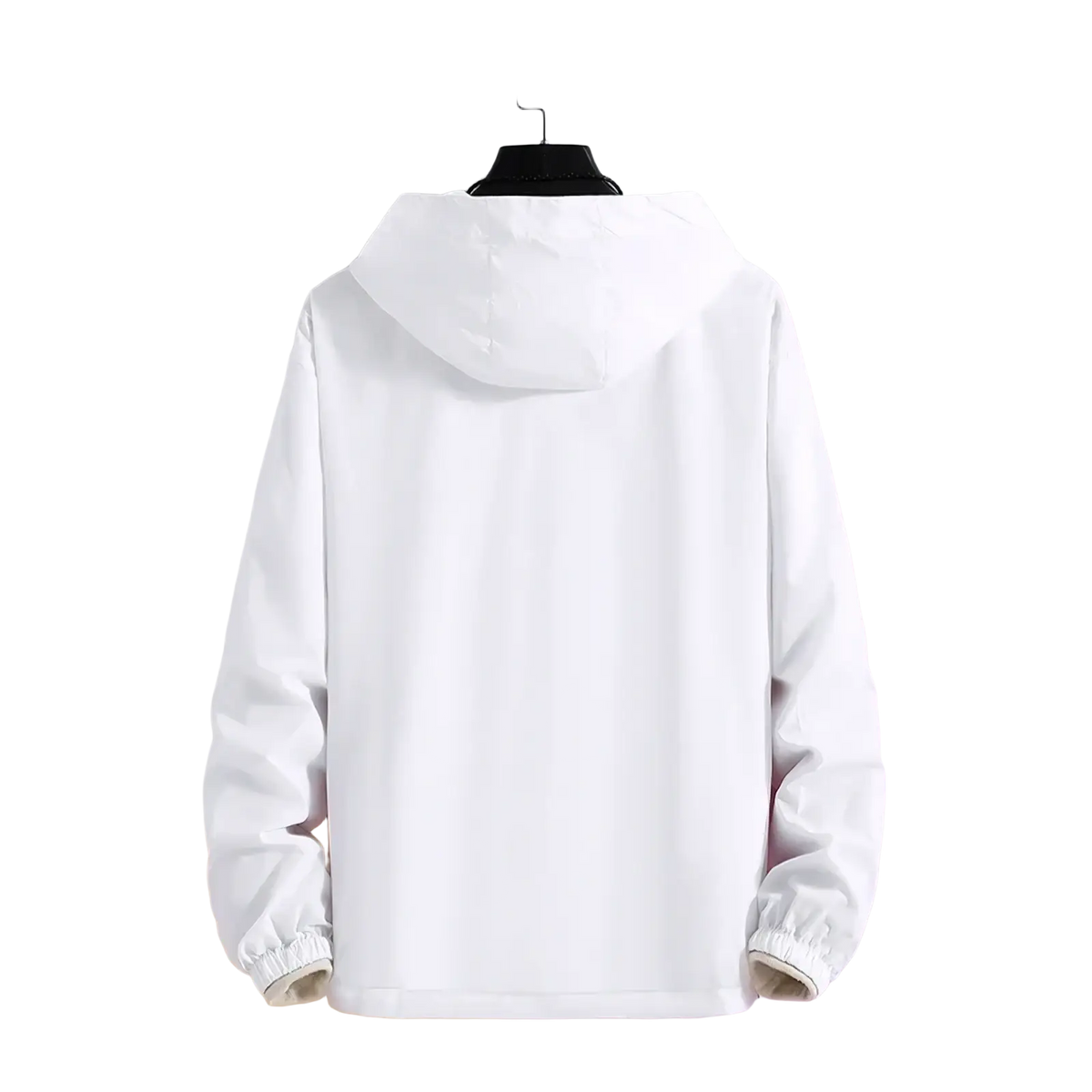 White women’s lightweight hooded windbreaker jacket with elastic cuffs and smooth lightweight fabric