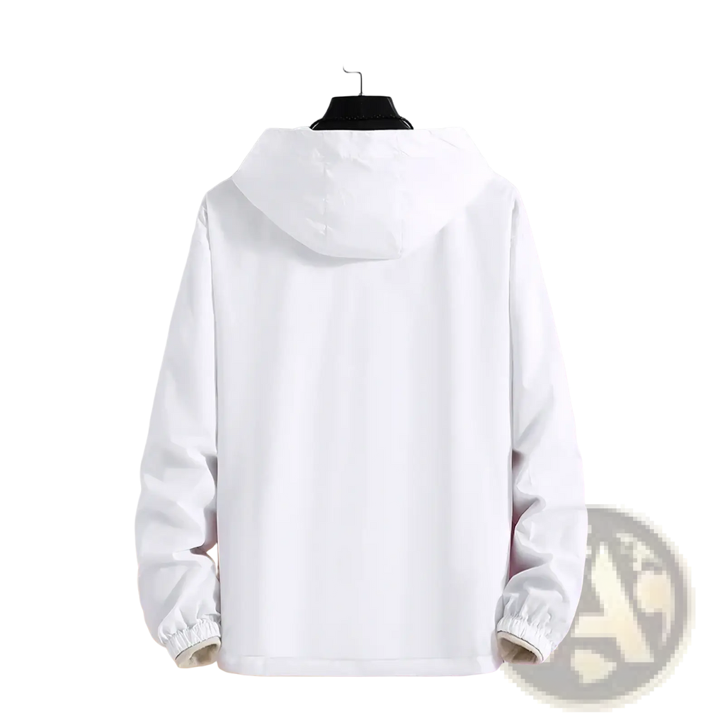White women’s lightweight hooded windbreaker jacket with elastic cuffs and smooth lightweight fabric