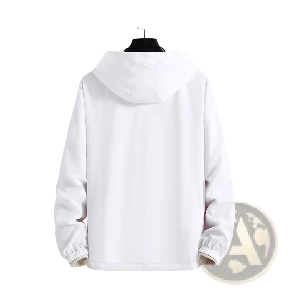 White women’s lightweight hooded windbreaker jacket with elastic cuffs and smooth lightweight fabric