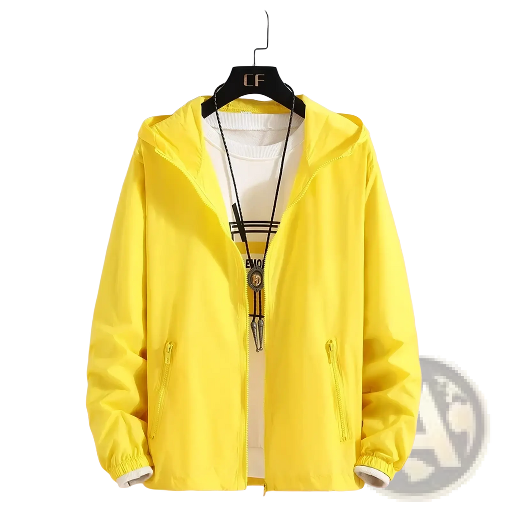 Women lightweight hooded windbreaker jacket in bright yellow with elastic cuffs and front zipper pockets