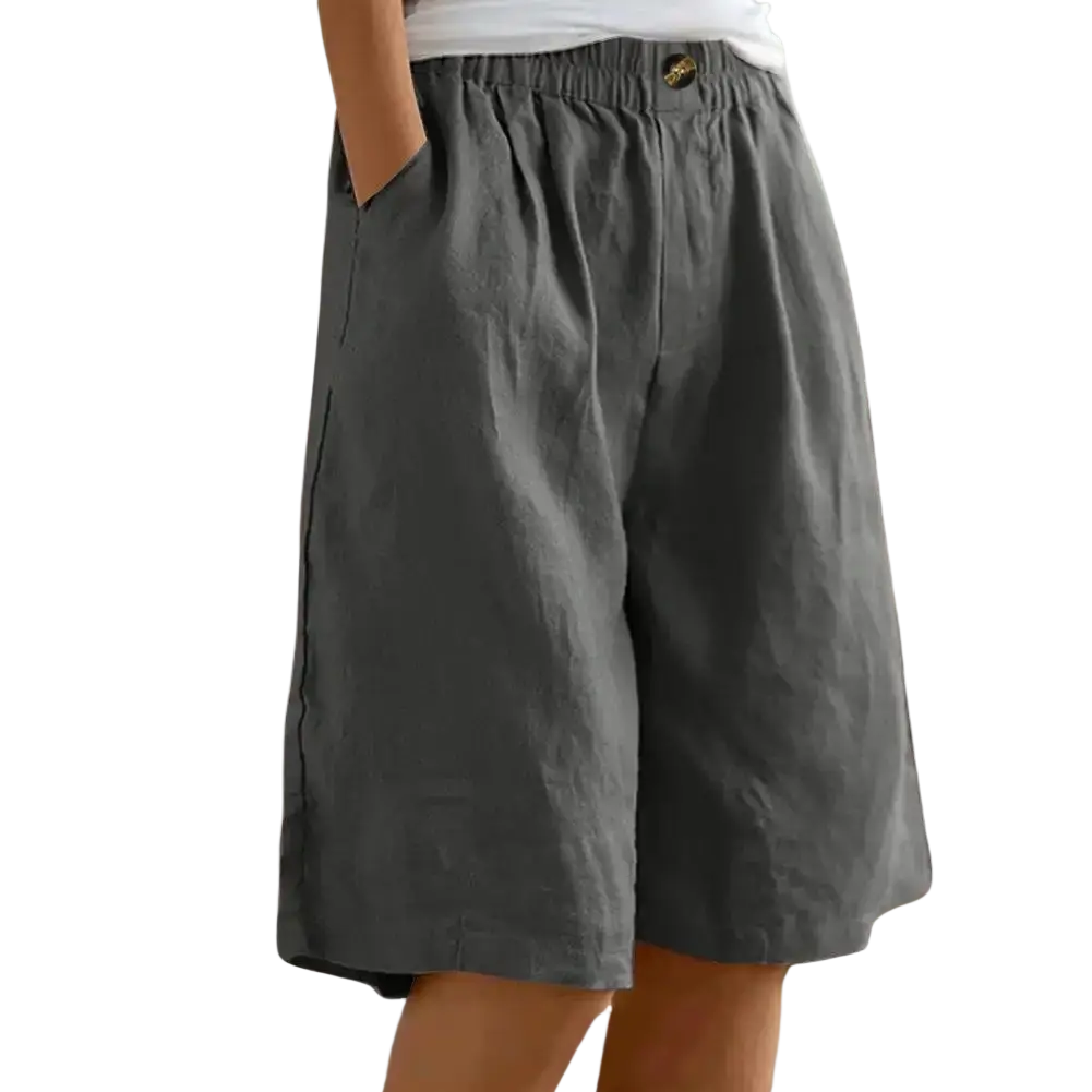 Women linen bermuda shorts in gray with elastic waist, small gold button, and medium pants length leg opening
